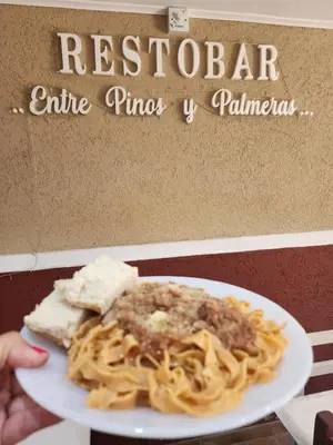 a plate of pasta with meat and cheese on a table at Complejo Los Cipreses in Villa Carlos Paz