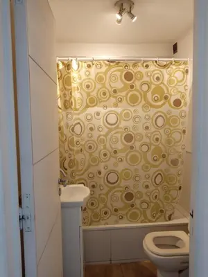 a bathroom with a shower curtain with a toilet at TERRAZAS DE LA COMARCA in La Cuesta