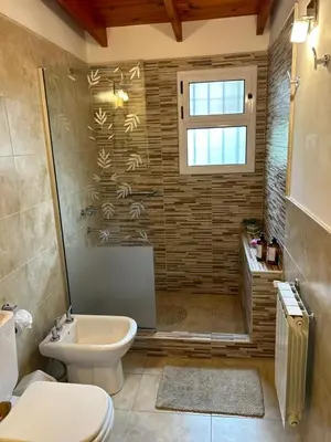 a bathroom with a shower and a toilet and a sink at Sierras VGB Bertone in Villa General Belgrano