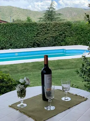 a bottle of wine sitting on a table with two glasses at Sierras VGB Bertone in Villa General Belgrano