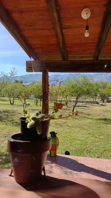 a porch with potted plants in front of a field at Valle de Fatima in Villa de Las Rosas
