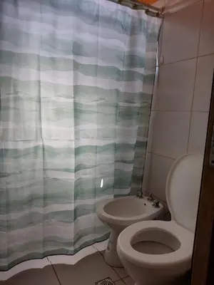 a bathroom with a toilet and a shower curtain at Valle de Fatima in Villa de Las Rosas