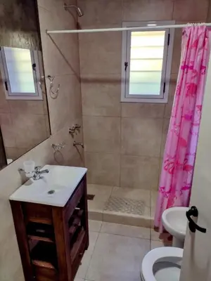 a bathroom with a shower with a sink and a toilet at Casitas Despertar del Valle in Merlo