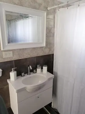 a bathroom with a sink and a mirror and a shower at Algarrobo Nieto in Merlo