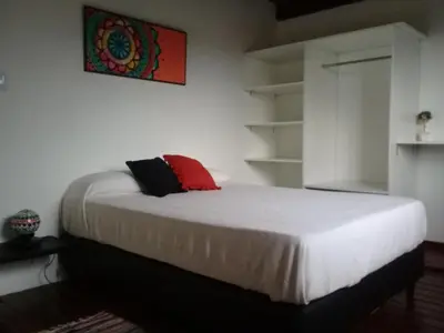 a bedroom with a bed with a red pillow on it at Dúplex La Delfina 2 in Villa Carlos Paz