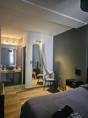 a bedroom with a bed and a chair and a mirror at LitStay Caseros con cochera in Cordoba