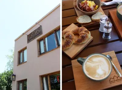 two pictures of a table with bread and a cup of coffee at Architerra in San Javier