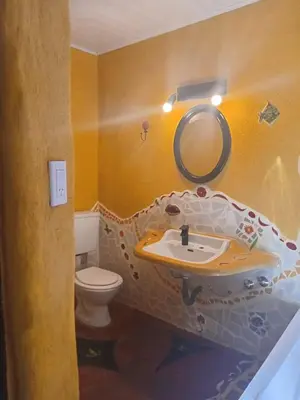 a bathroom with a sink and a toilet at La Casa De La Gruta in Mina Clavero