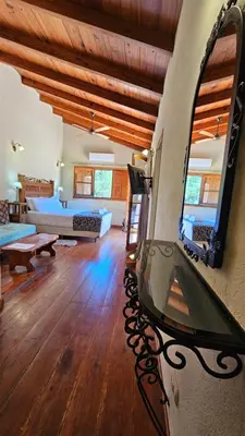 a large living room with a bed and a living room at La Reina Hotel in Santa Rosa de Calamuchita