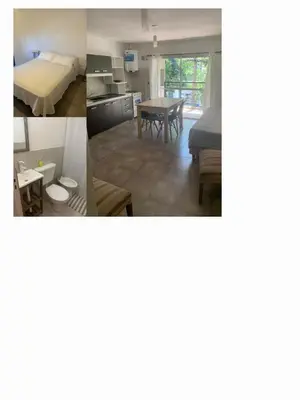 two pictures of a kitchen and a living room at Departamentos Talamuchita in Santa Rosa de Calamuchita