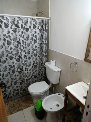 a bathroom with a toilet and a shower curtain at Departamentos Talamuchita in Santa Rosa de Calamuchita
