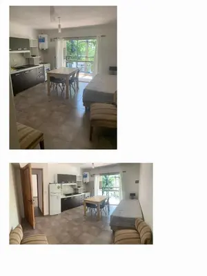 two pictures of a kitchen and a living room at Departamentos Talamuchita in Santa Rosa de Calamuchita