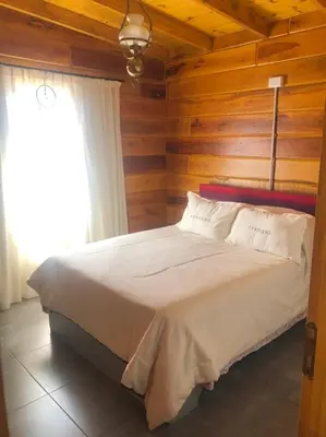 a bedroom with a white bed with a wooden wall at Latitud 32 in Villa Yacanto