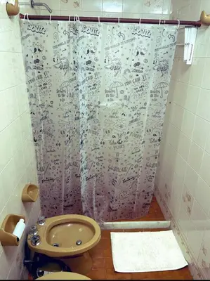 a bathroom with a toilet and a shower curtain at Departamento 100% equipado y excelente ubicación in Cordoba