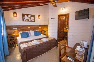 a bedroom with two beds and a television in it at Hotel Boutique Spa & Sushi Posada de Campo-Solo adultos in Villa General Belgrano
