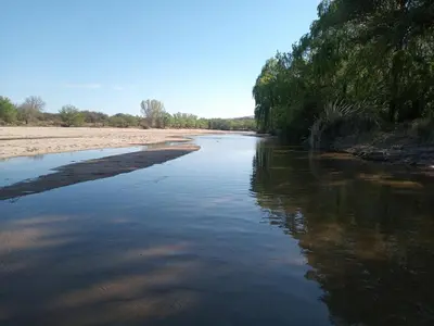a river with trees on the side of a beach at Luz de las Sierras 2 in Arroyo de Los Patos