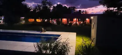 a cat sitting next to a swimming pool at night at Posada Villapancha B&B in San Javier