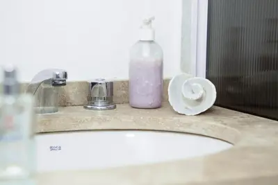 a bathroom sink with a soap bottle and a roll of toilet paper at Posada Villapancha B&B in San Javier