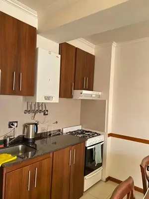 a kitchen with wooden cabinets and a stove top oven at Punto Urbano in Villa Carlos Paz