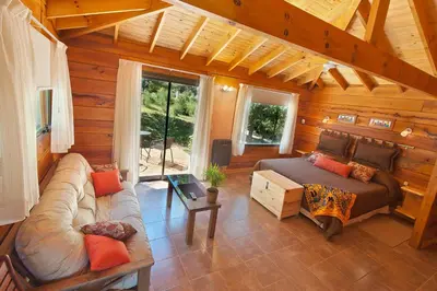 a bedroom with a bed and a couch in a room at Akapana Suites in La Cumbrecita