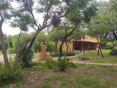 a building in the middle of a park with trees at Las Casitas, cabañas & suites in Pincén