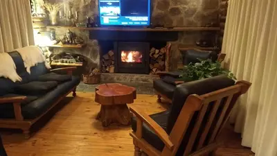 a living room with a couch and a fireplace at LA LINDA - Cabaña de Montaña in Villa Berna