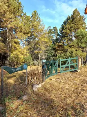 a green sign in a field with trees in the background at Árbol de Oro - Terrafirme in Villa Yacanto