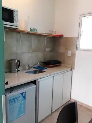a small kitchen with a counter and a microwave at APART DEUFELL in Embalse