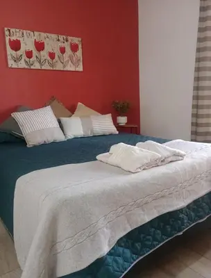 a bed in a room with a red wall at Complejo Serena in Santa Rosa de Calamuchita