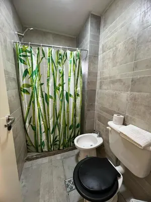 a bathroom with a toilet and a bamboo shower curtain at Cba Rent in Cordoba