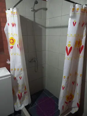 a shower curtain with hearts on it in a bathroom at El Atardecer in Cortaderas