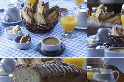 a collage of pictures of a table with bread and orange juice at Hotel Las Cascadas in La Cumbrecita