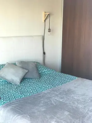 a bed with a pillow and a lamp on it at Departamento céntrico - Leer condiciones y precio in Río Cuarto