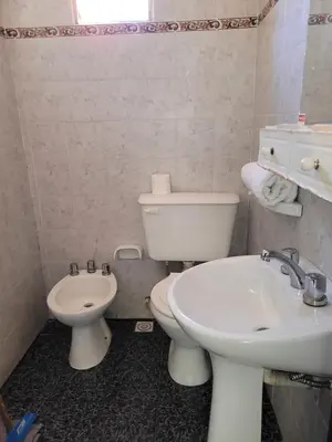 a bathroom with a toilet and a sink at Hotel Belgrano in Villa Carlos Paz