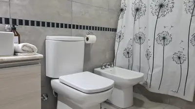 a bathroom with a toilet and a sink and a shower curtain at Opera Villa Carlos Paz- Moderno - exclusivo- La mejor ubicación in Villa Carlos Paz