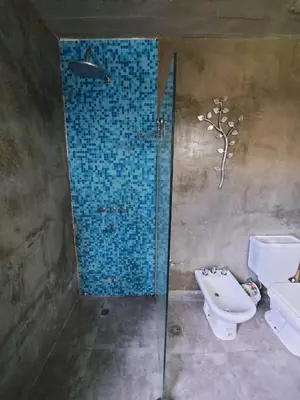 a bathroom with a shower with a toilet and a sink at SARA HOUSE LARGE in Santa Rosa de Calamuchita