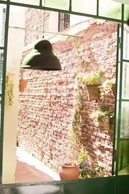 a light hanging from a brick wall with potted plants at Luna de Alberdi Apart in Cordoba