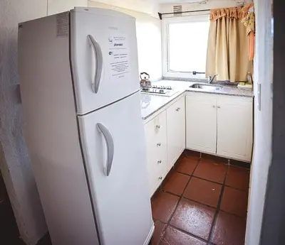 a white refrigerator in a kitchen with a window at La Candida departamentos in Merlo