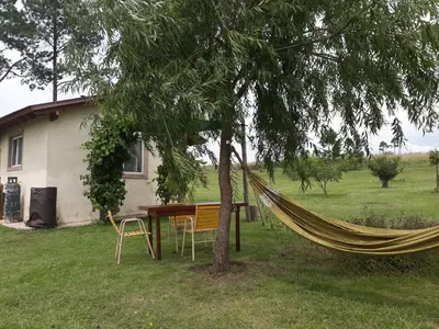 a hammock tied to a tree in front of a house at Herencia Nativa in Villa Yacanto