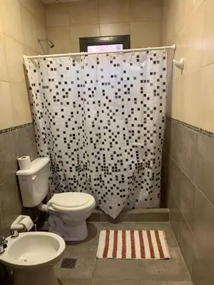 a bathroom with a toilet and a shower curtain at MORADA DEL ZORRO in Merlo
