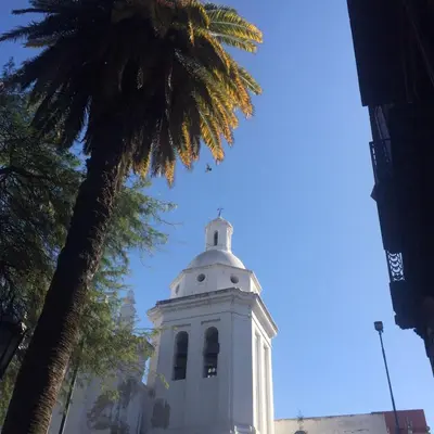 a white building with a palm tree in front of it at Plazoleta Apartamento in Cordoba