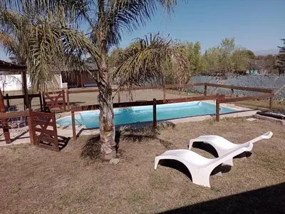 a swimming pool with a palm tree and a white bench at Cabañas del Cerro Mirador in Villa Rumipal