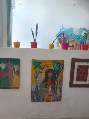 a shelf with paintings and potted plants on it at Morada Hostel & Bar in Cordoba