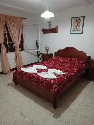 a bedroom with a large bed with a red comforter at Casita del Río in Santa Rosa de Calamuchita