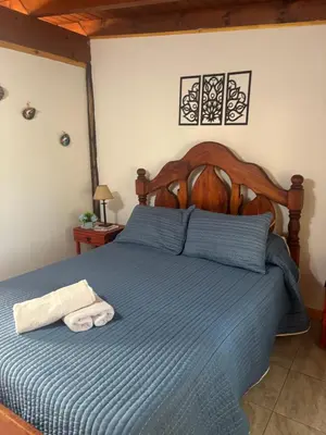 a bedroom with a blue bed with two towels on it at Casita del Río in Santa Rosa de Calamuchita