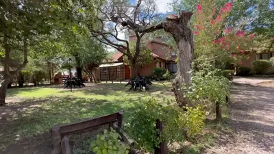 a yard with a bench in front of a house at Cabañas Agua que Brilla in Mina Clavero