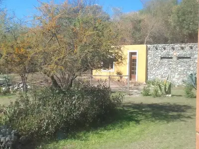 a house with a stone wall and a tree at Chañares Majuk in San Javier
