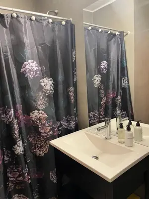 a bathroom with a sink and a shower curtain at Apartamento El Colibri in Cordoba