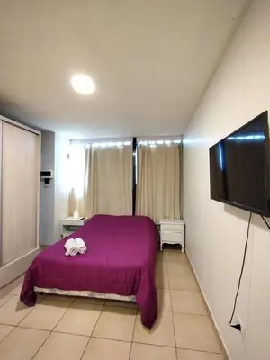 a bedroom with a purple bed and a flat screen tv at Monoambiente para 2 personas con baño privado in Cordoba