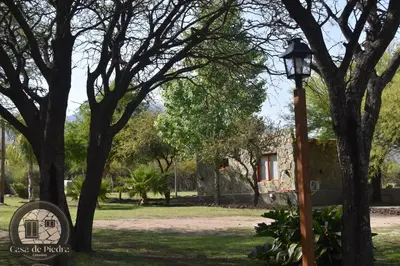 a street light in a park with trees at Cabañas Casa de Piedra Los Molles - San Luis in Los Molles